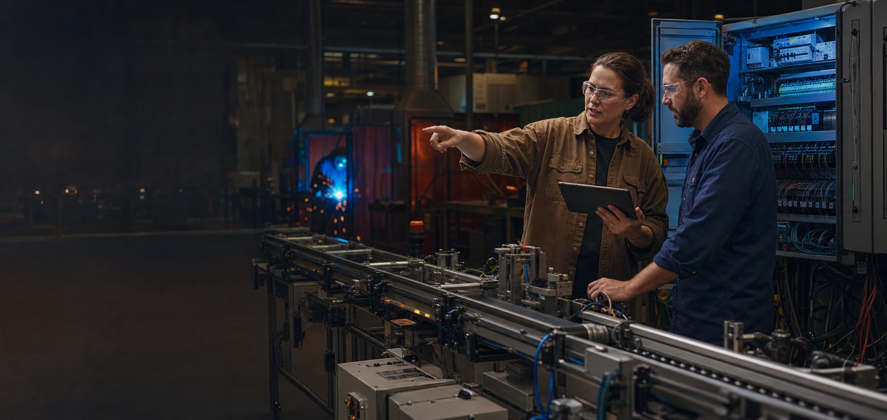 Adult learner and instructor working together in an industrial automation lab